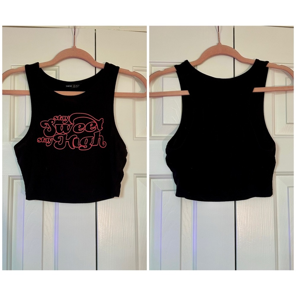 Black Ribbed Crop Top with Pink Graphic